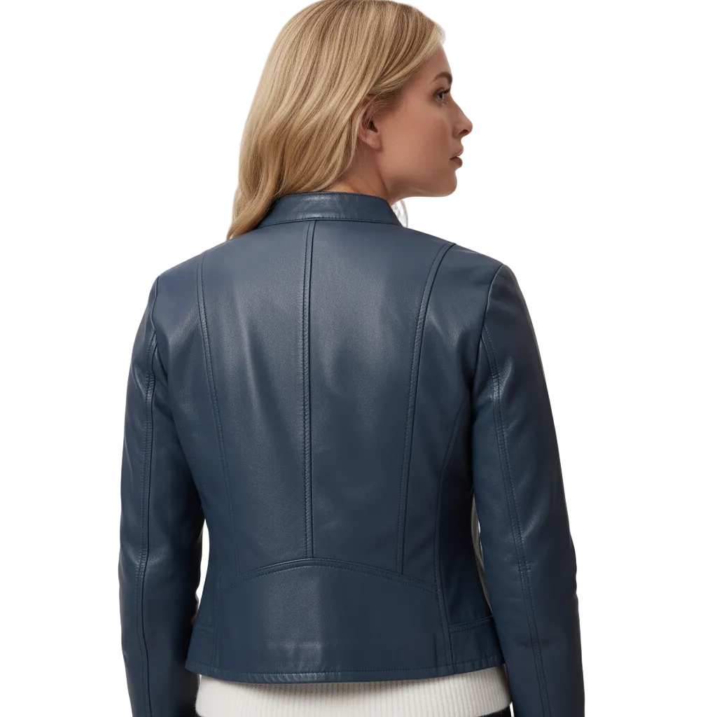 Rear perspective of the slim-fit steel blue leather jacket showcasing vertical panel stitching and an integrated curved lower back yoke seam.