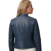 Navy blue leather jacket with back seam detailing, worn by woman, stylish outerwear