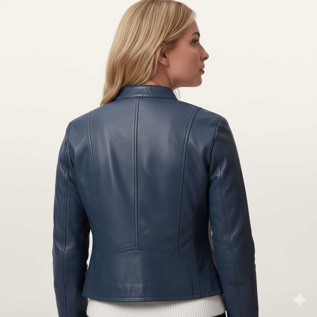 Navy blue leather jacket with tailored back seams, worn by woman in side profile view