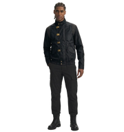 Men's black bomber jacket with gold toggles, cargo pants, and combat boots for streetwear style