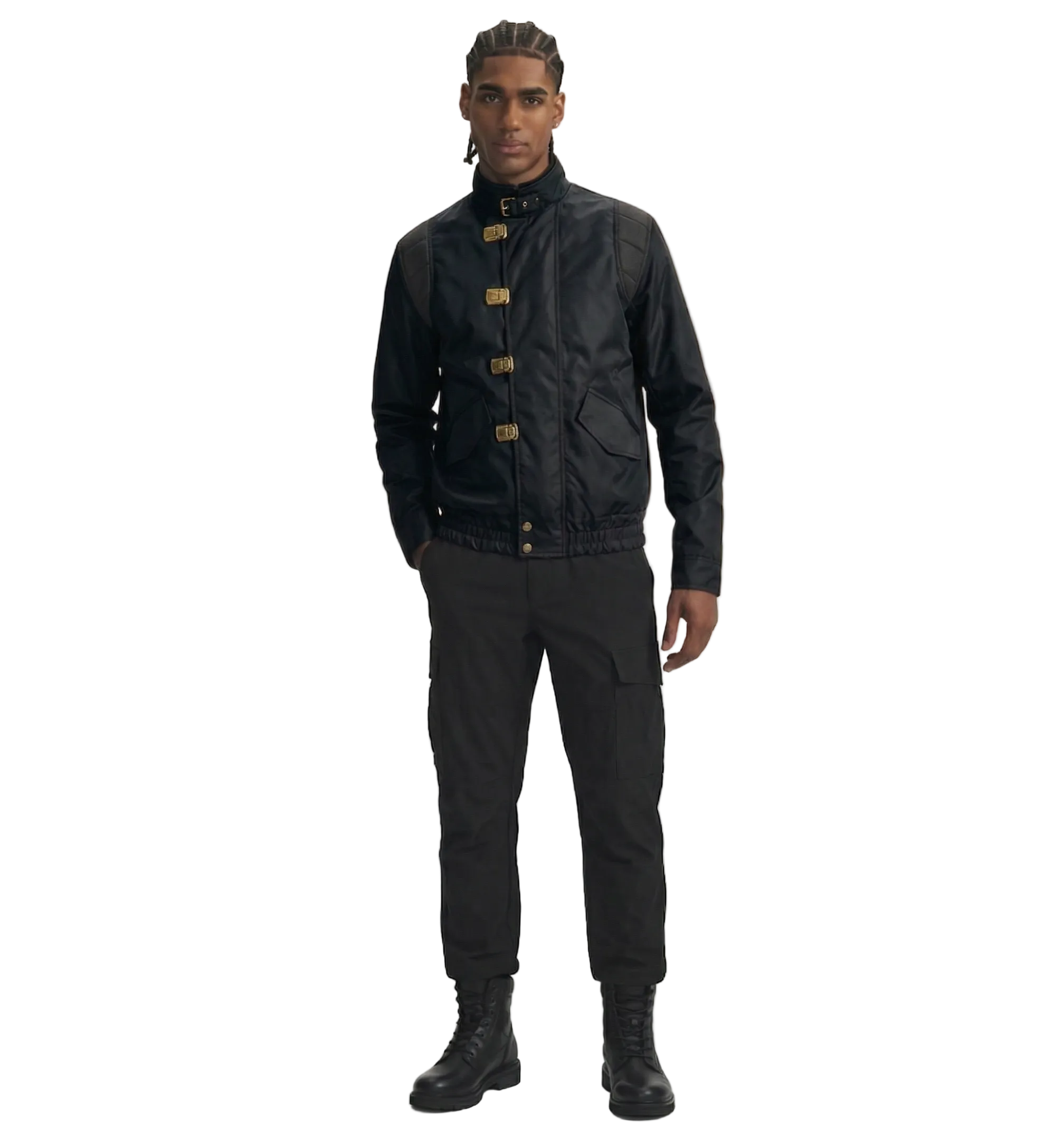 Men's black bomber jacket with gold toggles, cargo pants, and combat boots for streetwear style