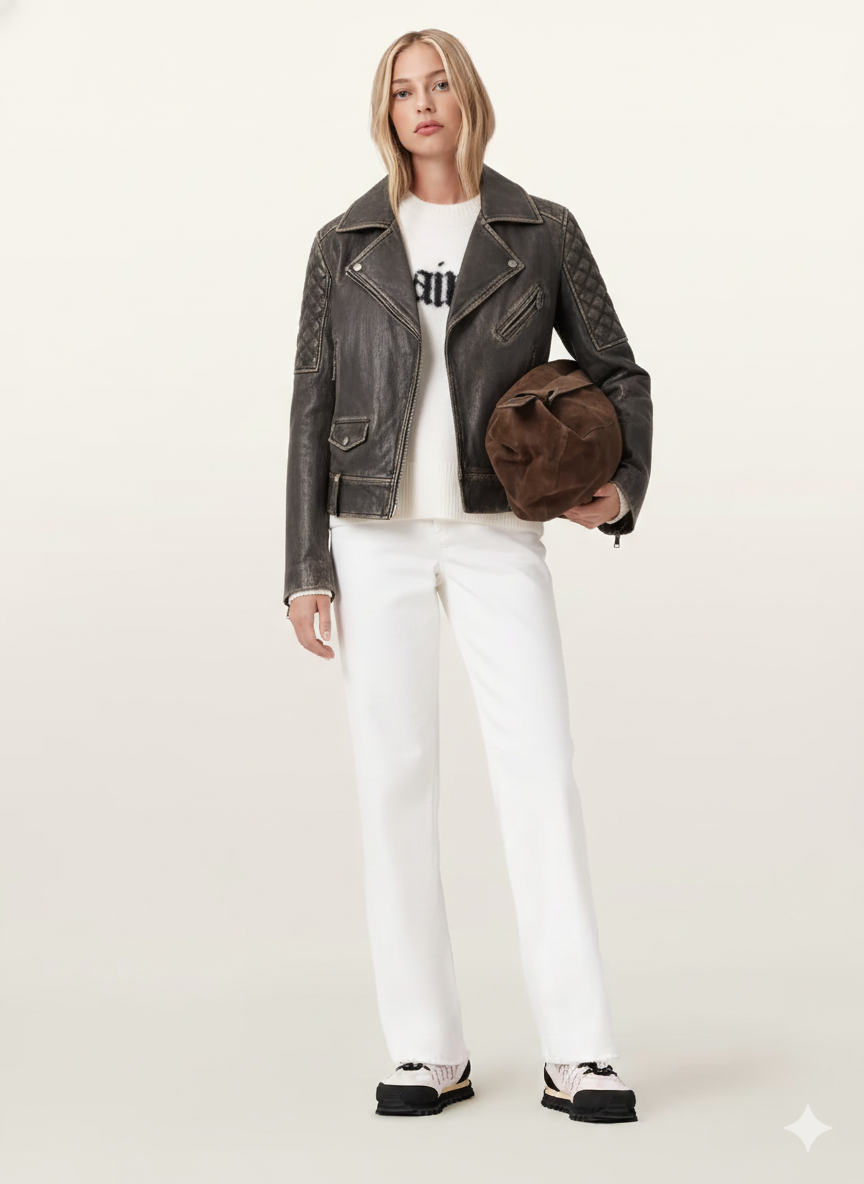 Blouson de motard matelassé en cuir vintage pour femme - Diamant