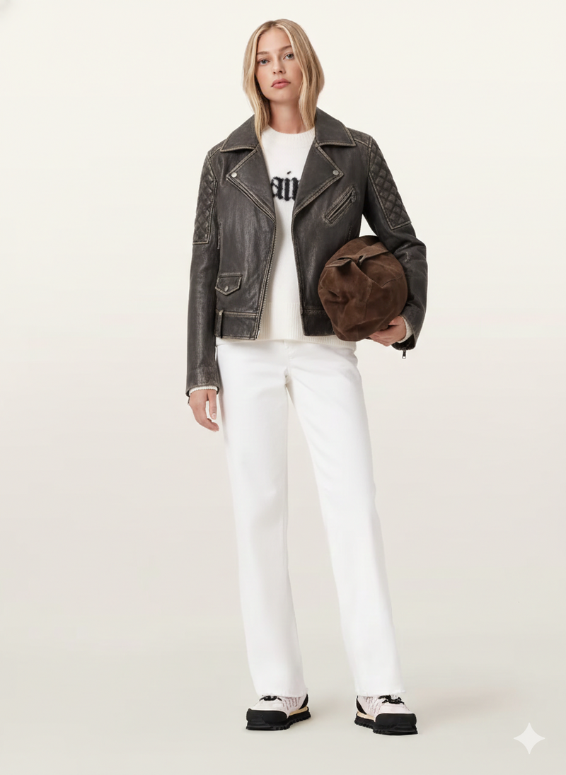 Women's Vintage Quilted Biker Leather Jacket - Diamond