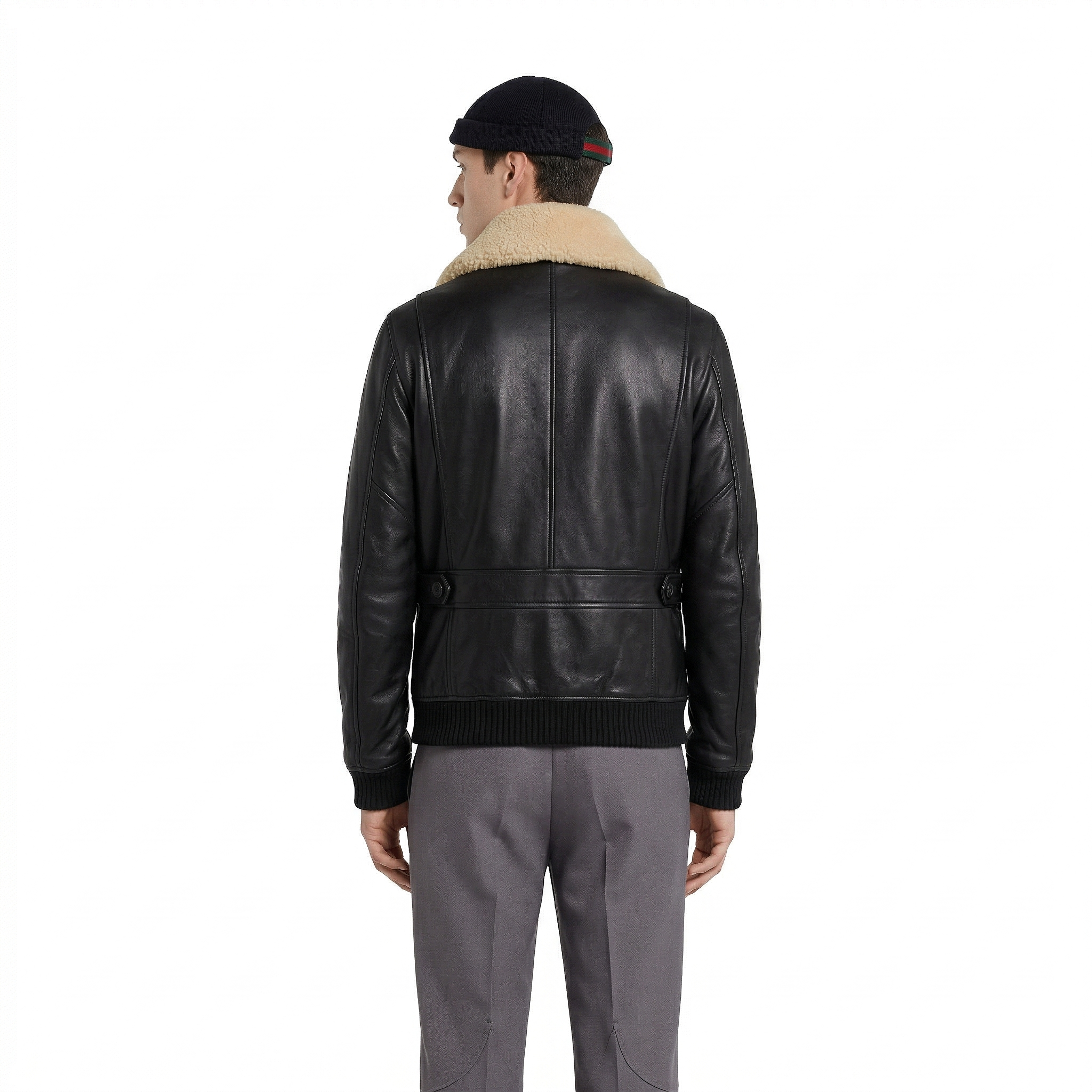 Men's black leather bomber jacket with shearling collar and ribbed cuffs, back view
