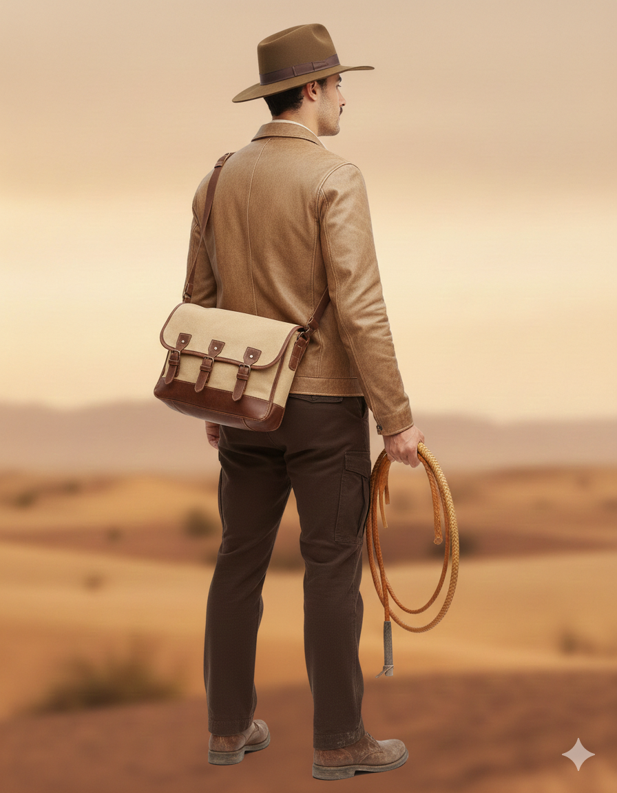 Man in desert wearing brown leather jacket, hat, and canvas satchel, holding coiled rope