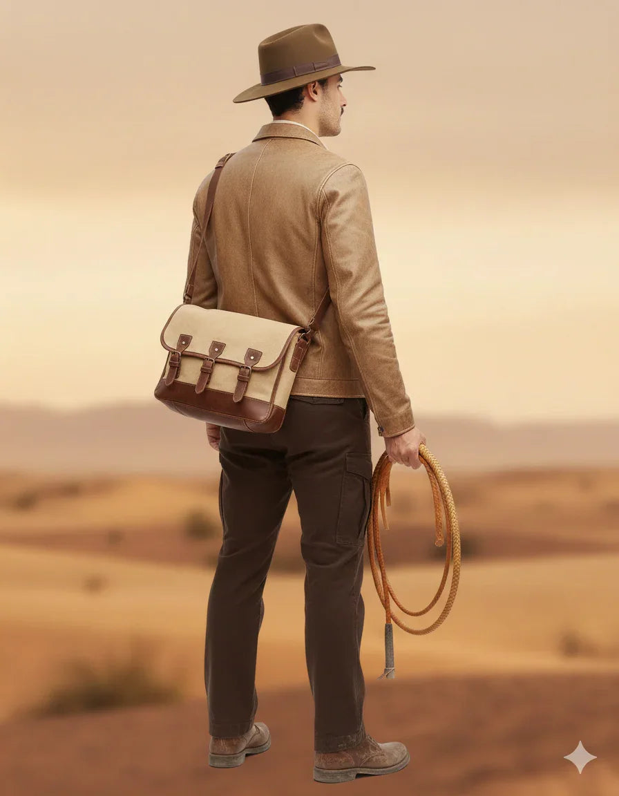 Man in desert wearing brown leather jacket, hat, and canvas satchel, holding coiled rope