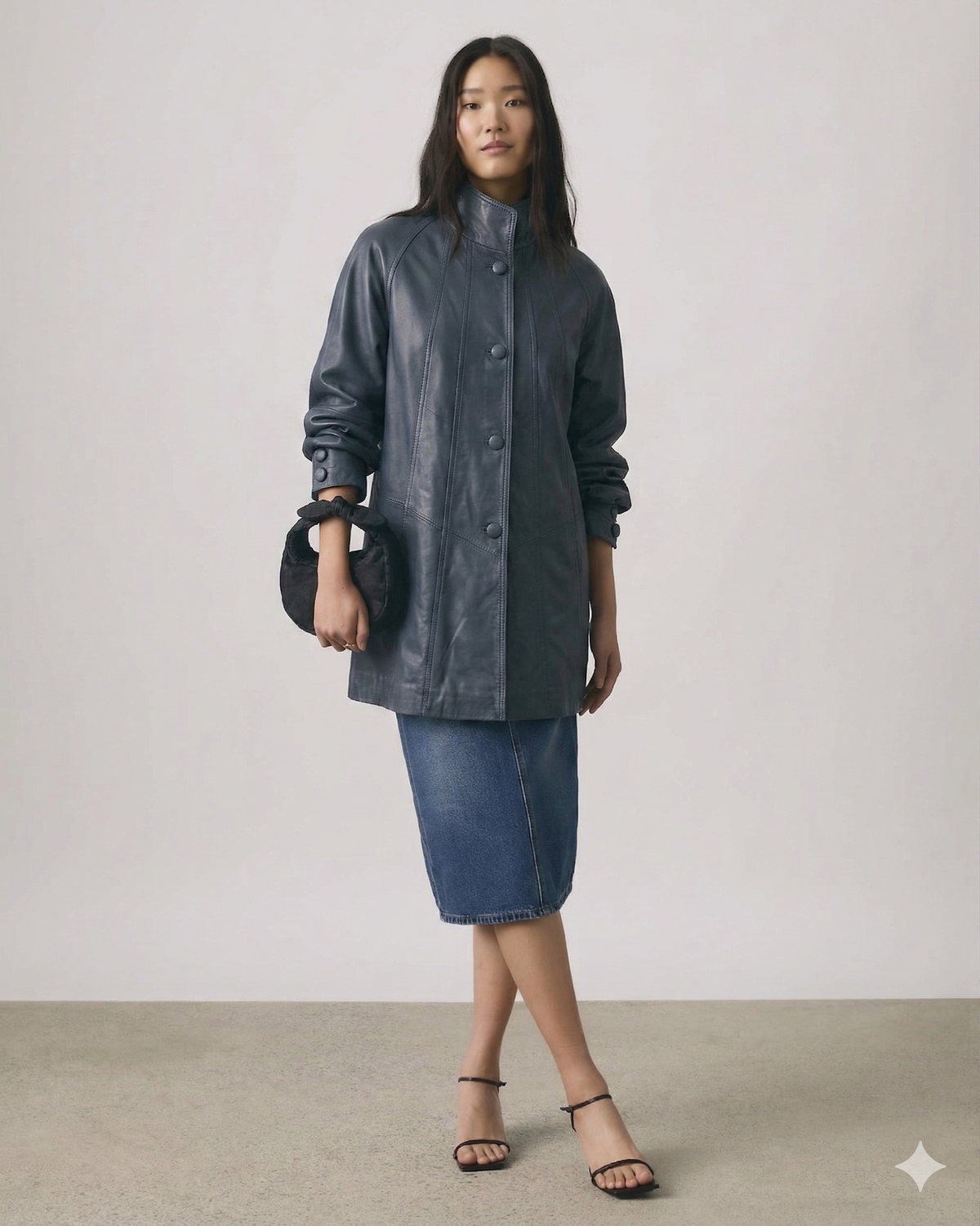 Manteau mi-long en cuir taillé "Slate Aura" pour femme | Nappa bleu acier