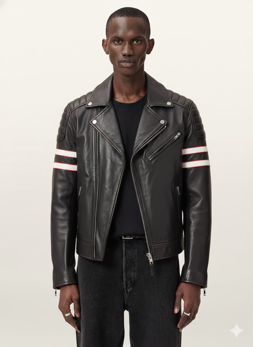 Blouson de motard en cuir rayé blanc pour homme - Vintage