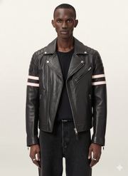 Men's black leather moto jacket with white and red stripe accents on sleeves, front zipper, and quilted shoulders