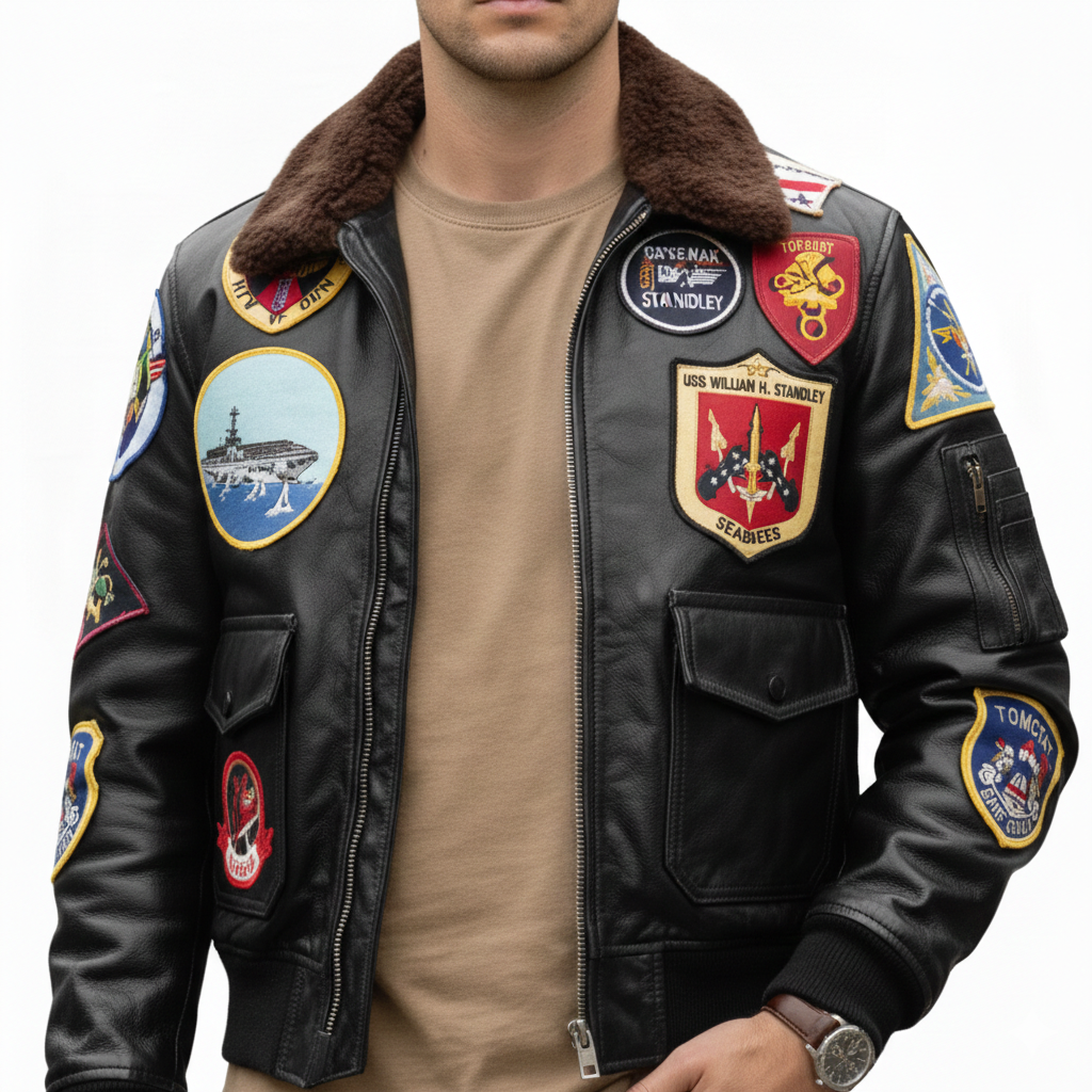 Black leather bomber jacket with military patches, shearling collar, and front pockets