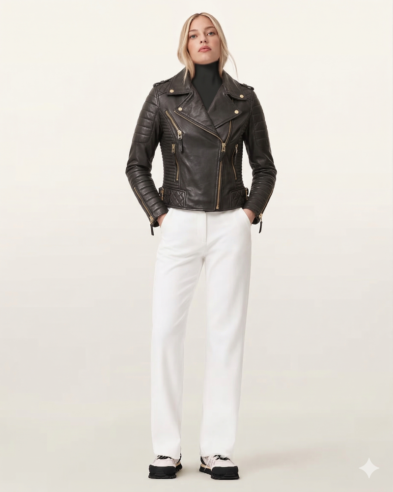 Blouson motard asymétrique en cuir onyx de luxe pour femme