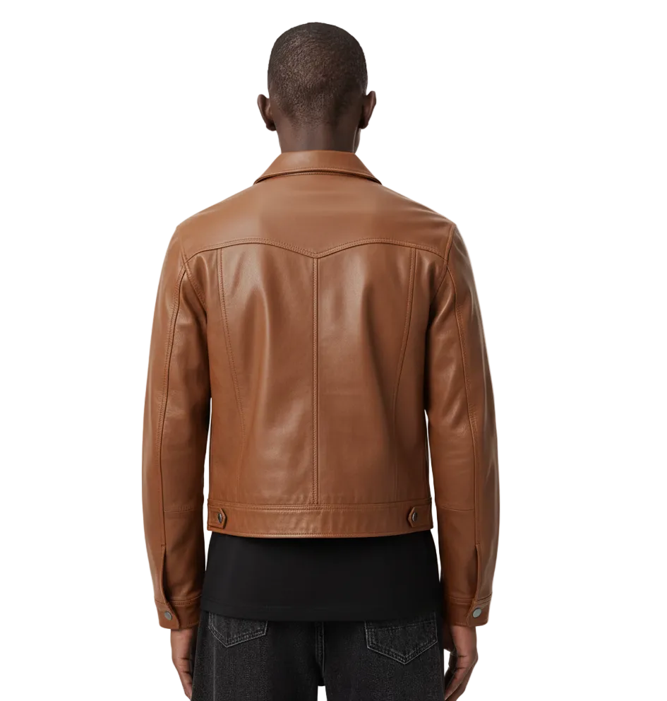 Man wearing a brown leather jacket on a white background
