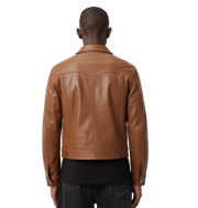 Men's brown leather jacket back view, classic fit with snap cuffs and waistband