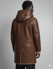 Brown hooded leather coat with shearling lining, back view on model
