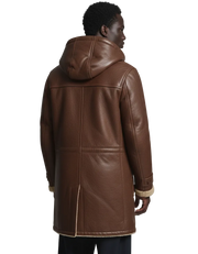 Men's brown leather coat with hood and shearling lining, back view