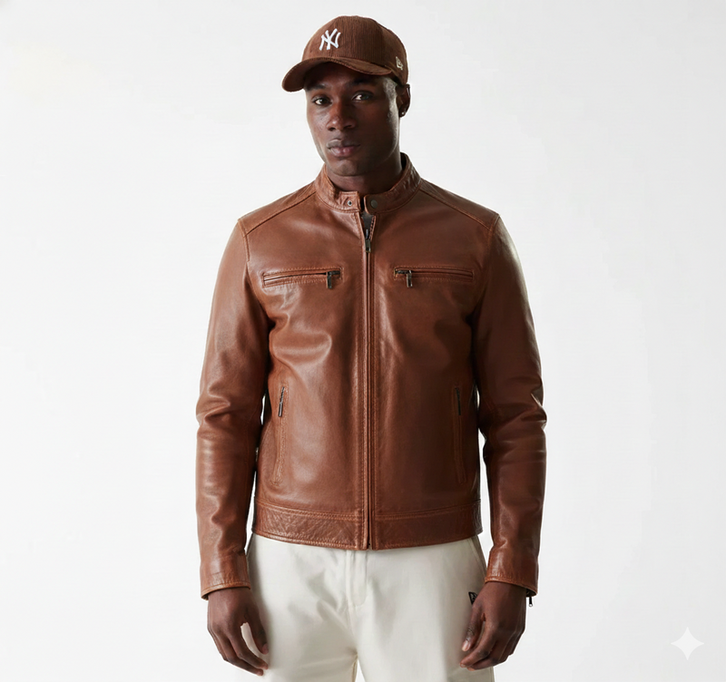Blouson en cuir de vachette aniline marron de première qualité pour homme, style Café Racer