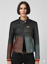 Women's quilted moto jacket with ombre color block, gold zippers, and embroidered logo