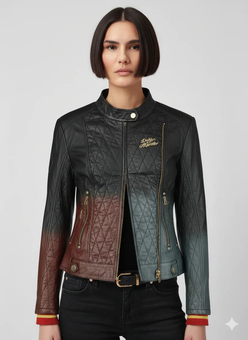 Women's quilted moto jacket with ombre color block, gold zippers, and embroidered logo