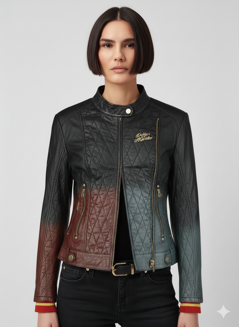 Women's quilted leather moto jacket with color-block design and gold zippers