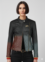 Women's quilted leather moto jacket with color-block design, gold zippers, and embroidered logo