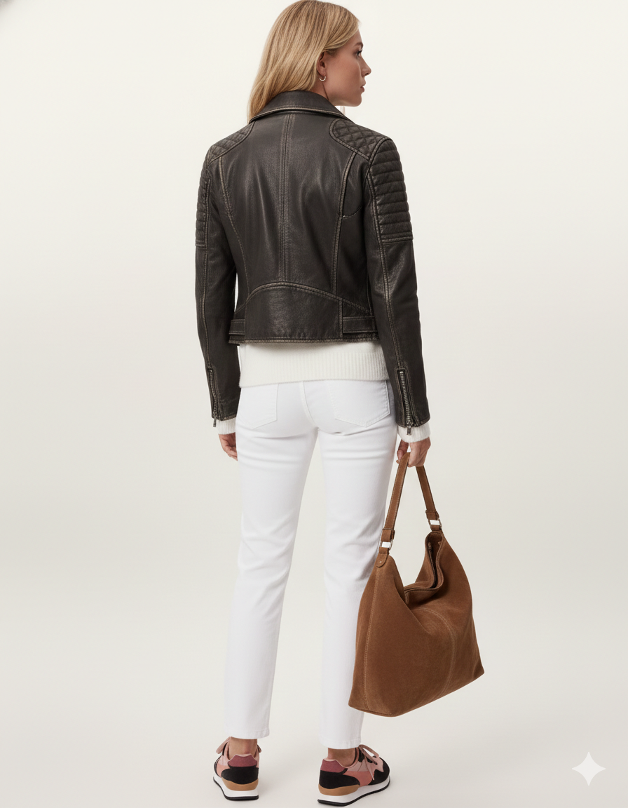 Blouson de motard matelassé en cuir vintage pour femme - Diamant