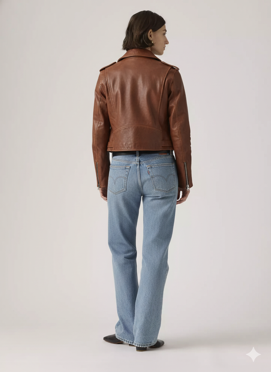 Woman wearing brown leather moto jacket and light wash denim jeans, back view