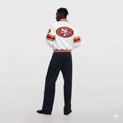 Men's white San Francisco 49ers varsity jacket with red and gold stripes, back view