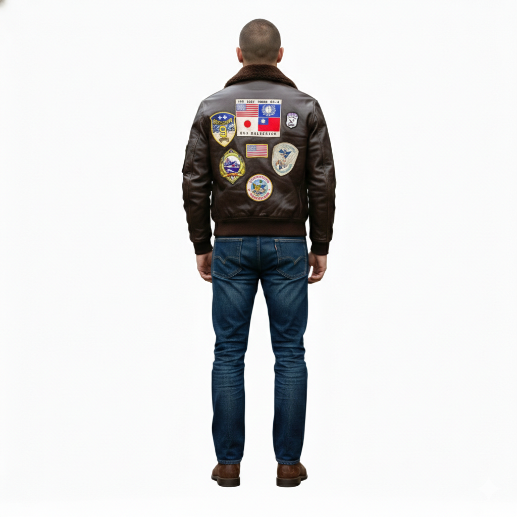 Men's brown leather bomber jacket with vintage military patches, shearling collar, and classic fit