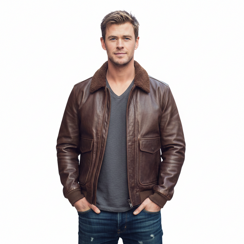 Man wearing brown leather bomber jacket with shearling collar, gray V-neck tee, and distressed jeans