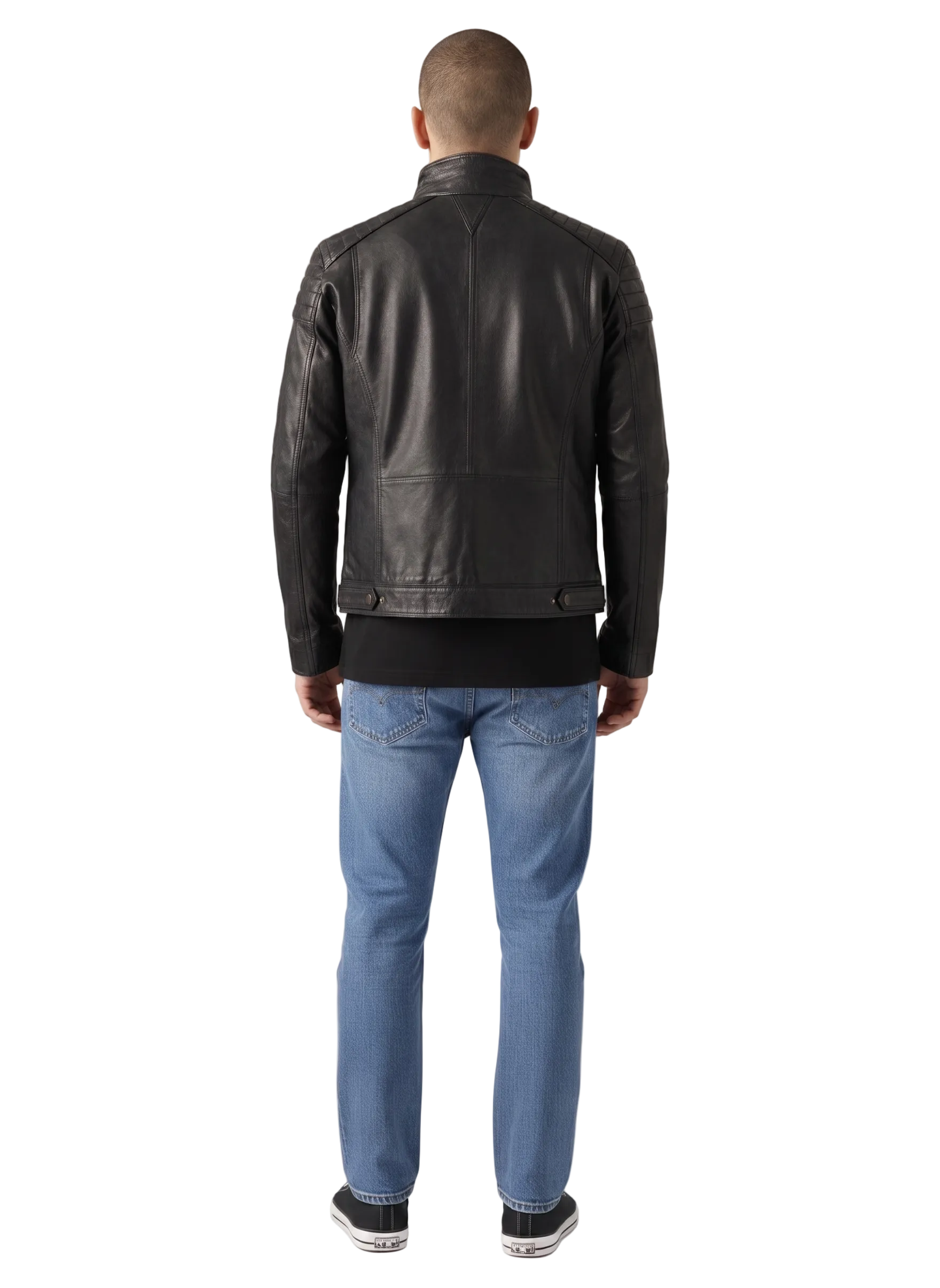 Men's black leather moto jacket with quilted shoulders, back view, paired with blue jeans and sneakers