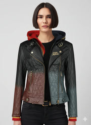 Women's quilted moto jacket with color-block design, gold zippers, and hooded lining