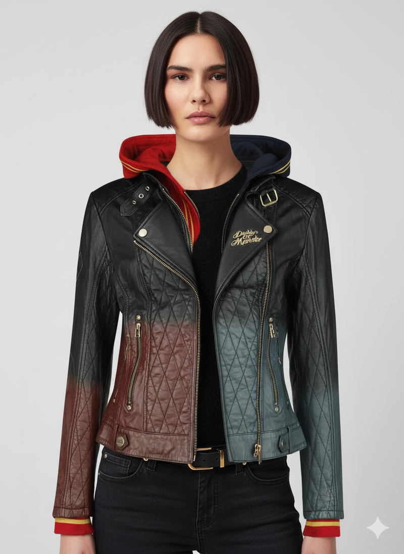 Women's quilted ombre leather moto jacket with hooded lining and gold hardware