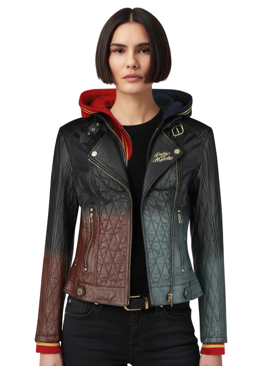 Multicolored leather jacket worn by a model on a white background