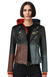 Quilted leather jacket with gradient colors and hooded design for women