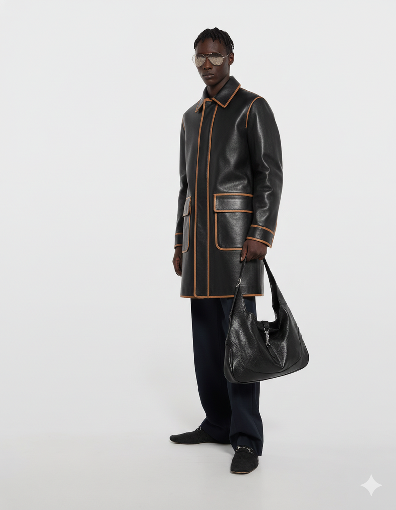 Manteau en cuir noir de type trench pour homme - Manteau d'hiver North Face