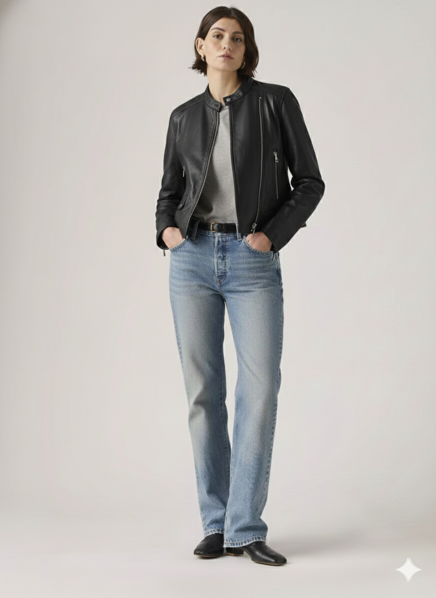 Woman in black leather moto jacket, gray top, and light wash jeans, hands in pockets