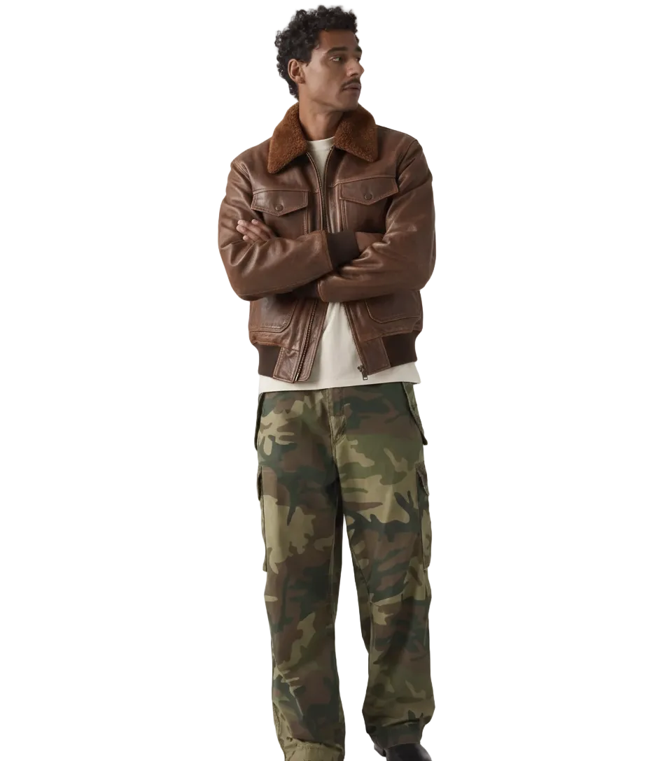 Blouson aviateur G-1 pour homme - Cuir de vachette véritable marron vieilli