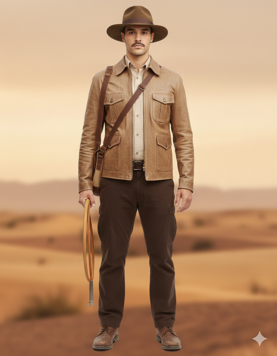 Man in safari outfit with leather jacket, hat, and whip, standing in desert landscape
