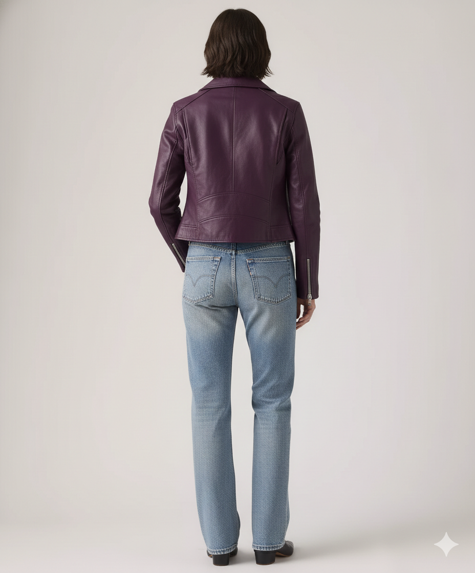 Purple leather moto jacket with zipper details, paired with light wash denim jeans, back view