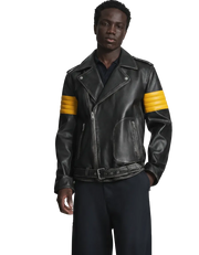 Black leather biker jacket with yellow sleeve stripes and front zipper