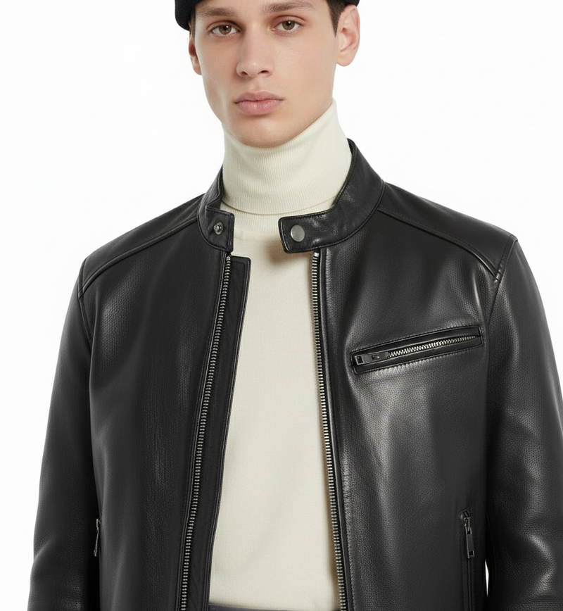 Man wearing a black leather jacket over a white turtleneck on a white background