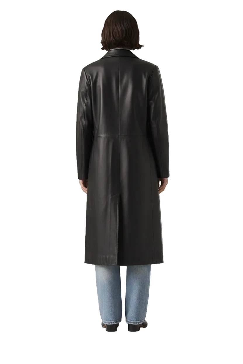 Black leather trench coat with sleek design, paired with blue jeans, viewed from the back.
