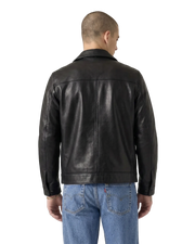 Men's black leather jacket back view with classic stitching, paired with blue jeans for casual style.