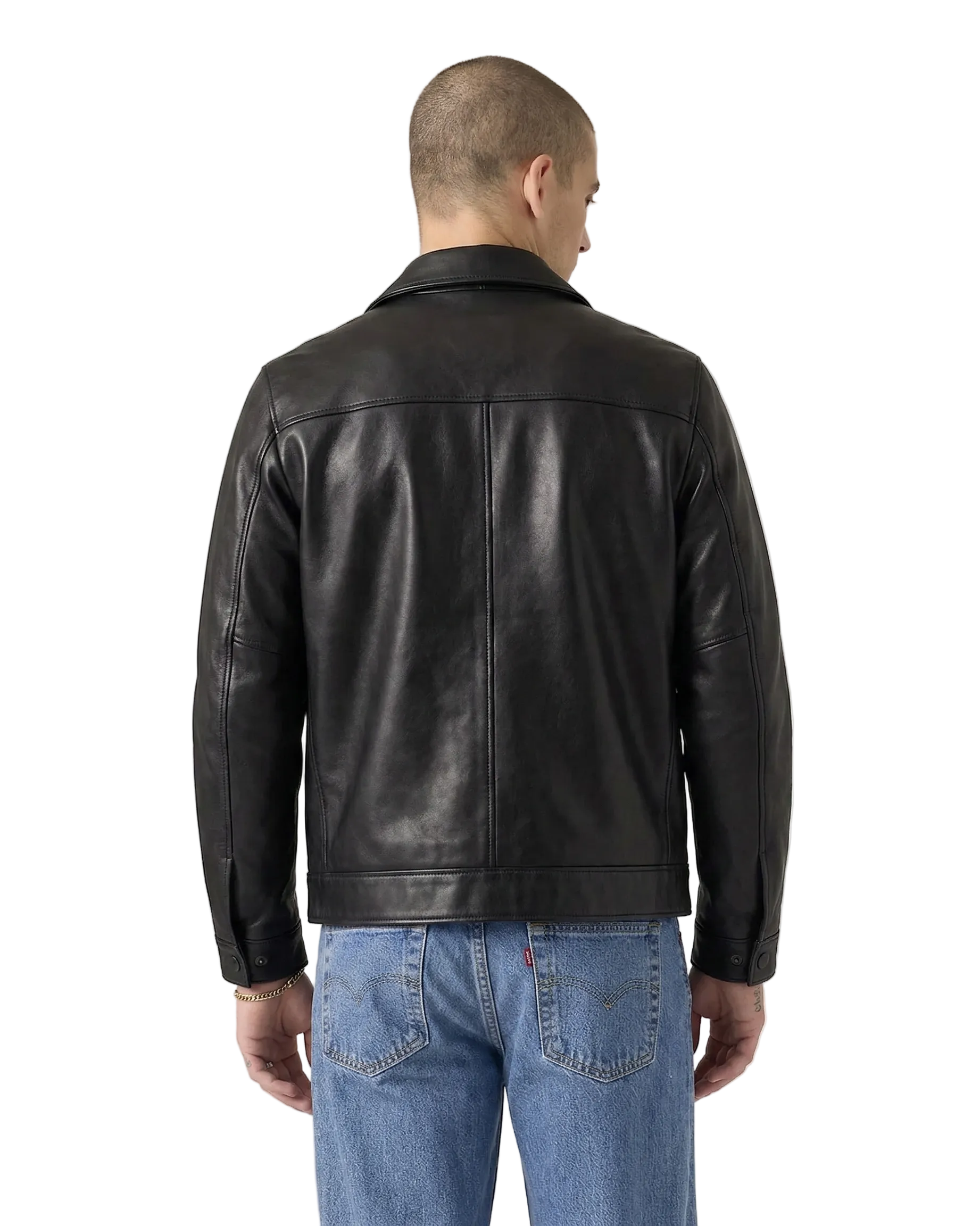 Men's black leather jacket back view with classic stitching, paired with blue jeans for casual style.