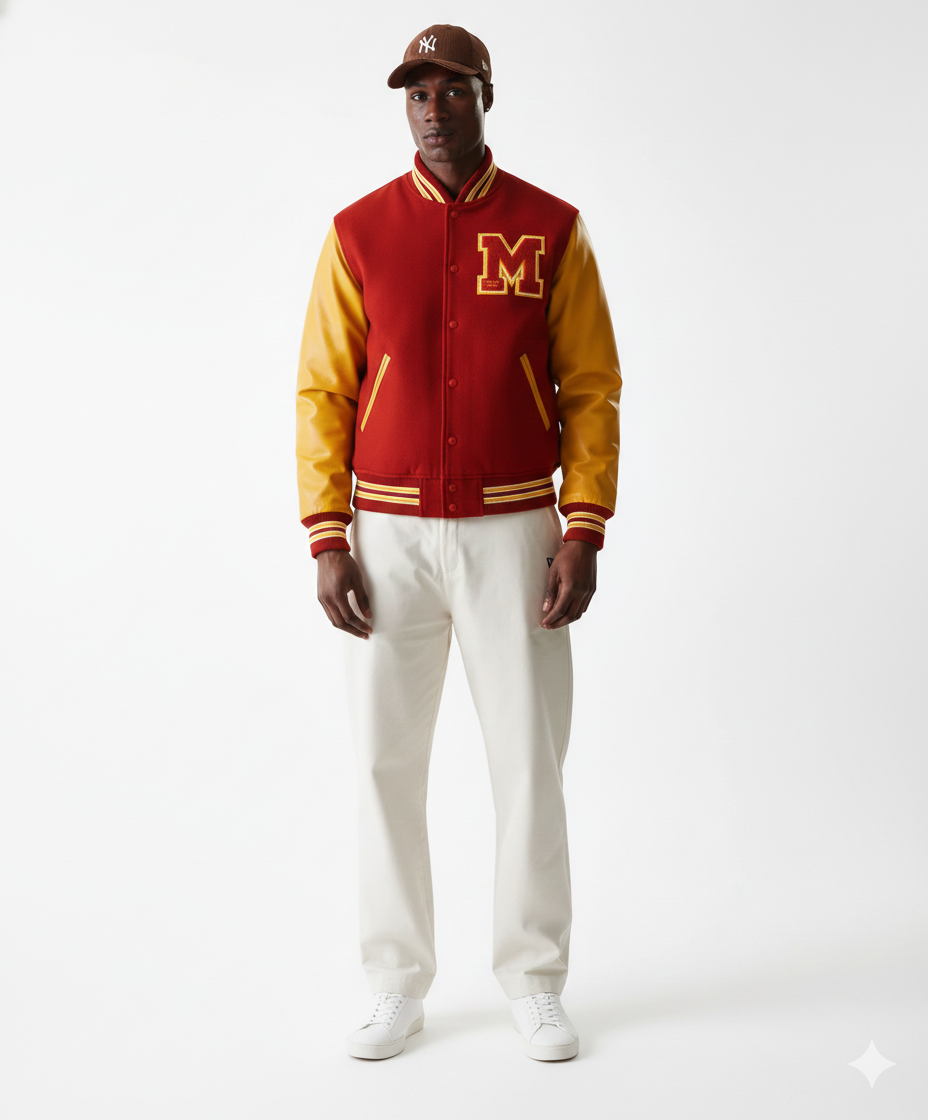 Man wearing red and gold varsity jacket with embroidered M, white pants, and brown cap
