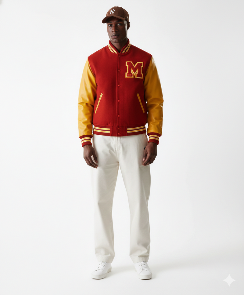 Man wearing red and gold varsity jacket with embroidered M, white pants, and brown cap