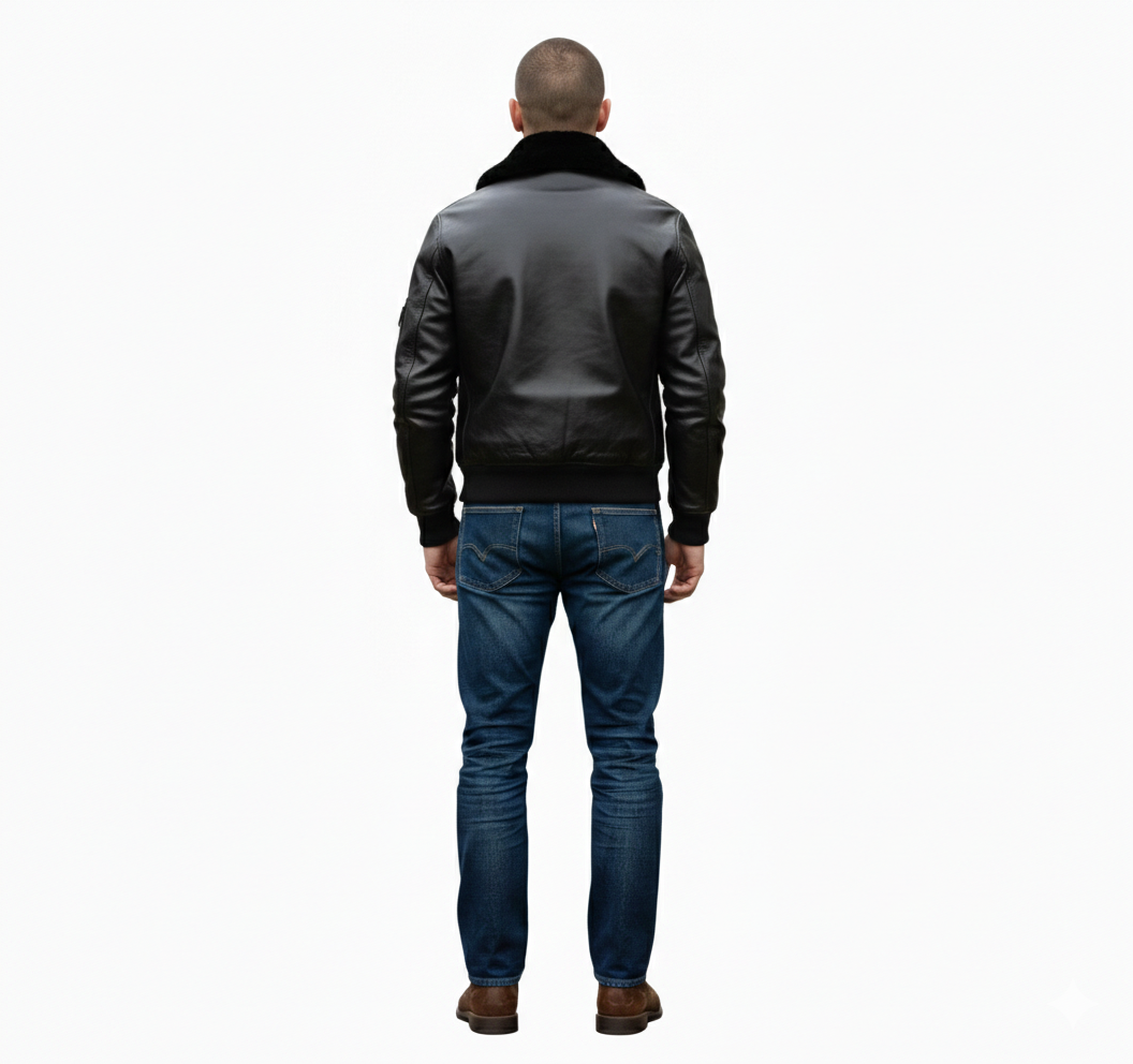 Men's black leather bomber jacket with shearling collar, back view, paired with blue jeans
