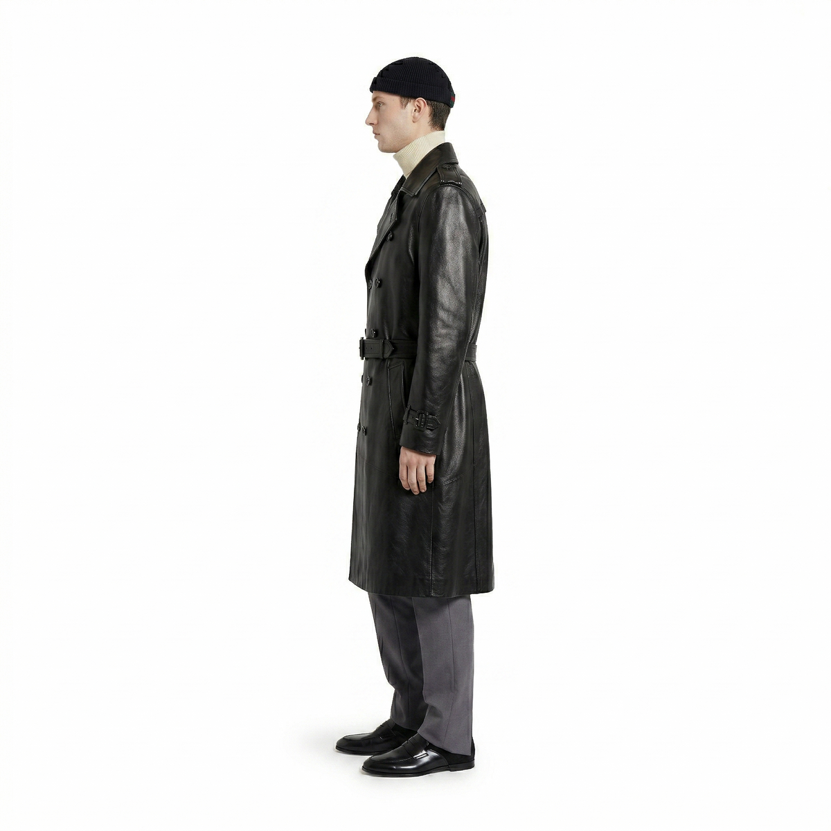 Men's Classic Leather Double-Breasted Trench Coat