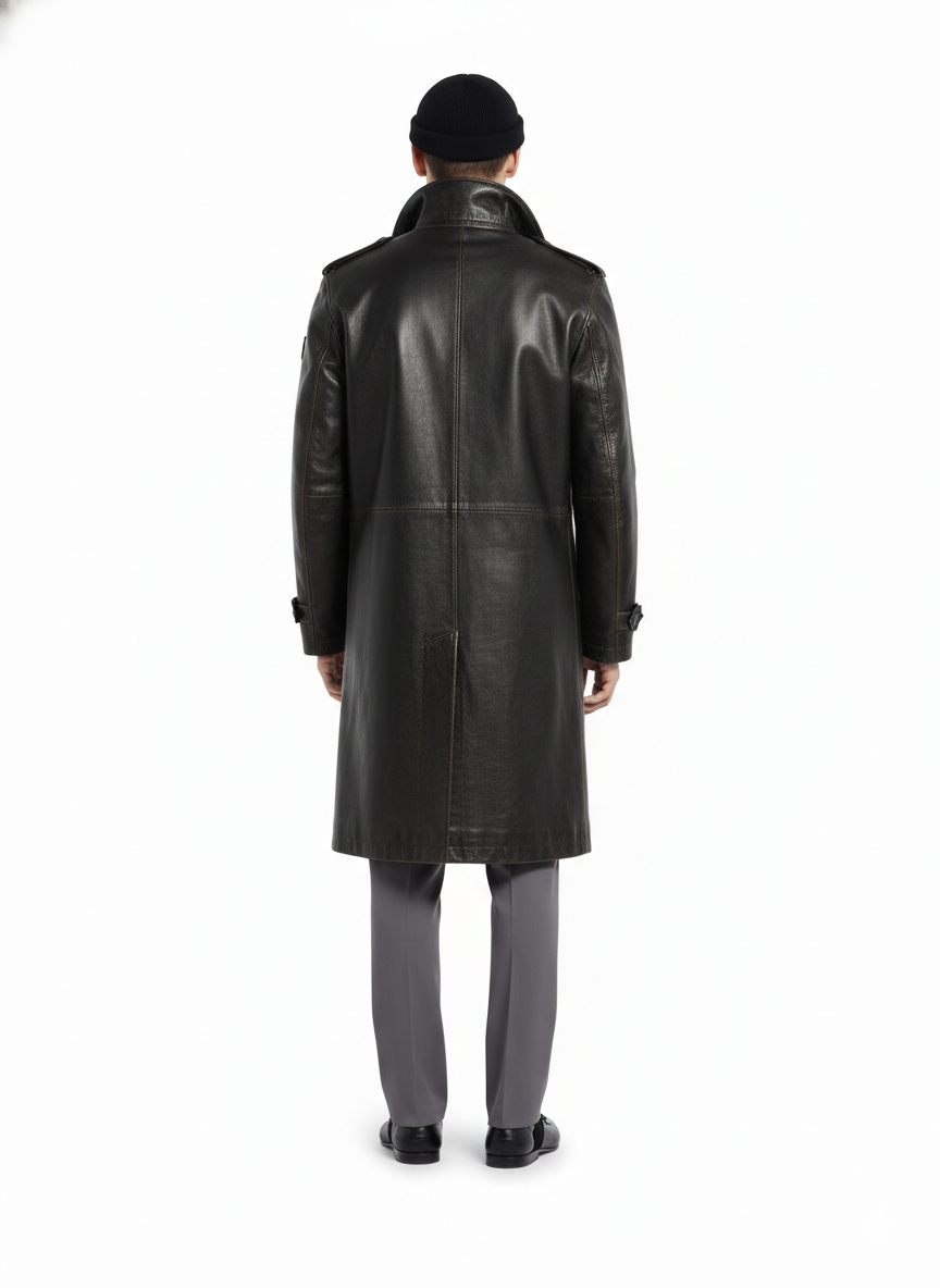 Men's Classic Leather Double-Breasted Trench Coat