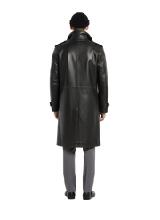 Men's black leather trench coat with classic back view, shoulder epaulets, and sleek fit